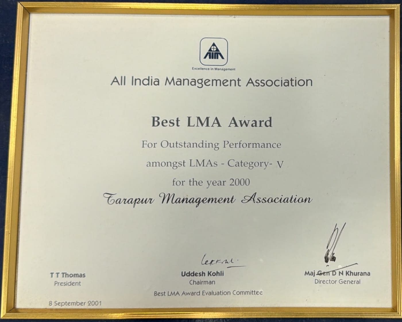 AIMA certificate: Best LMA Award, Category V, 2000