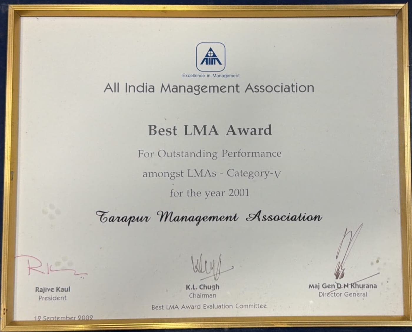 AIMA certificate: Best LMA Award, Category V, 2001