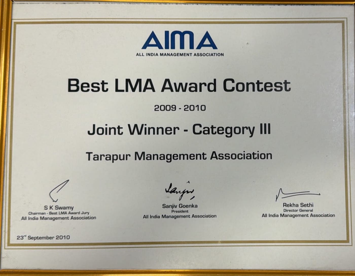 AIMA certificate: Joint Winner, Category III, 2009-2010