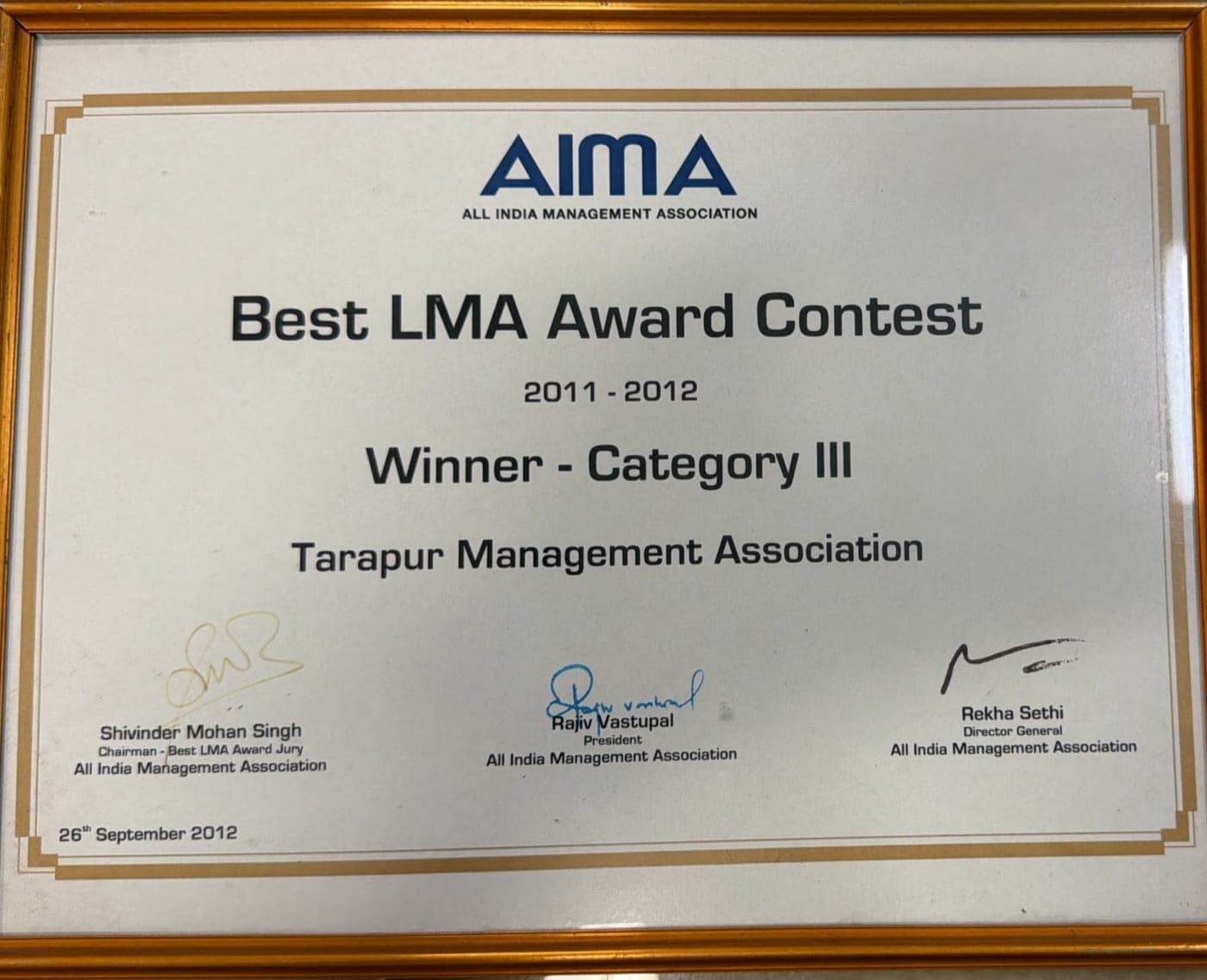 AIMA certificate: Winner, Category III, 2011-2012