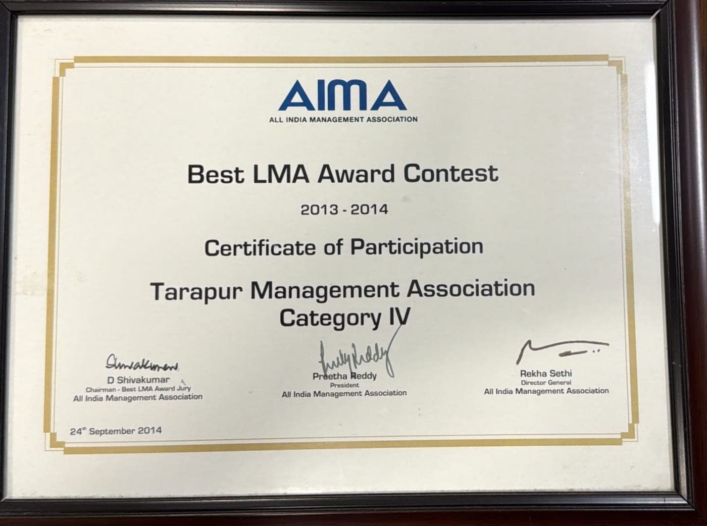 AIMA certificate: Certificate of Participation, Category IV, 2013-2014