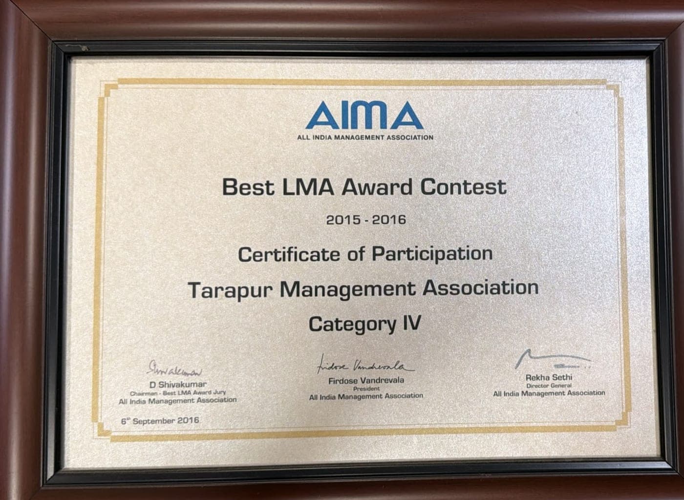 AIMA certificate: Certificate of Participation, Category IV, 2015-2016